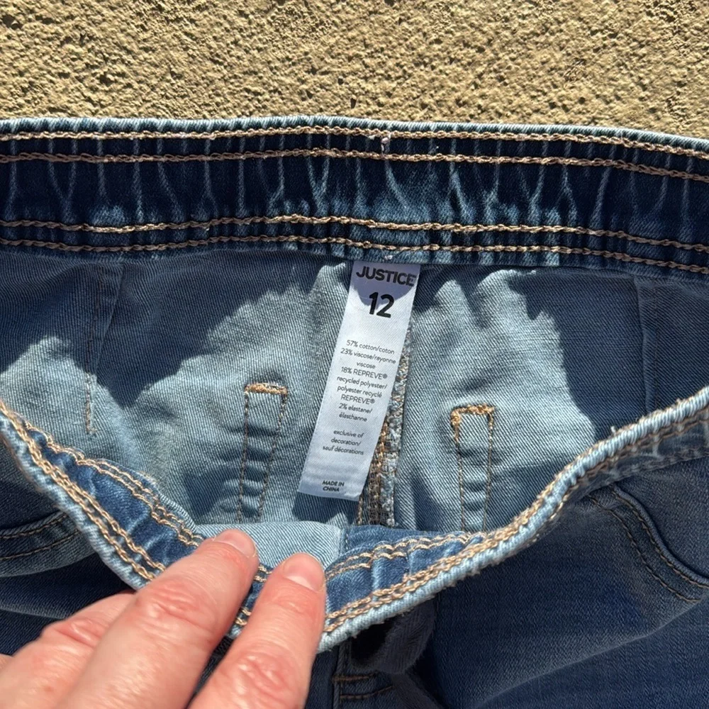 Justice girls elastic waist jeans glitter and distressed size 12